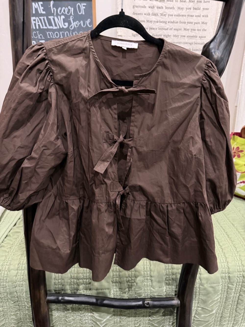 Olivaceous Chocolate Brown Puff-Sleeve Peplum Tie-Front Blouse